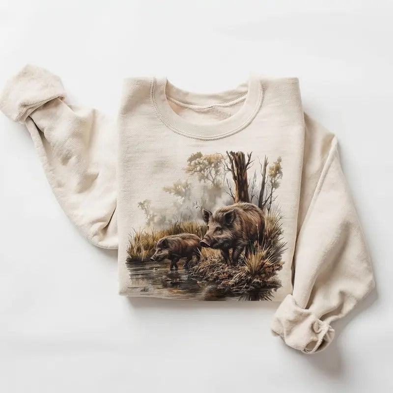 Retro Wild Boar Marshlands Fall Scene Sweatshirt - 90s Vintage Boar Hunting - Boho Unisex T-shirt hoodie Cotton Menswear