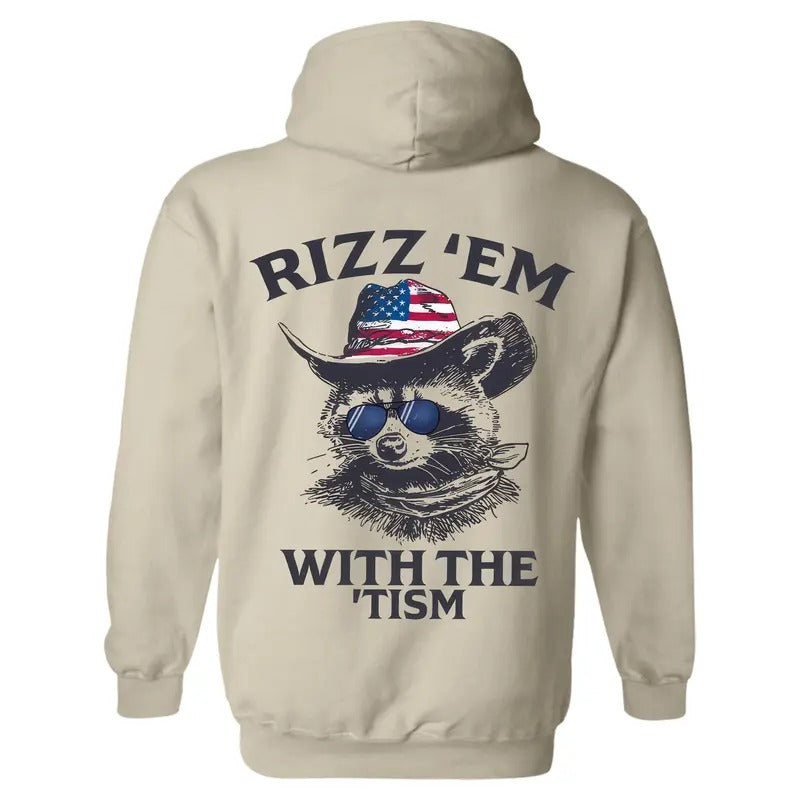 Rizz 'Em With The 'Tism Hoodie - American Cowboy Raccoon, Bringing a Fun Style, Perfect for Outdoor Parties and Casual Events