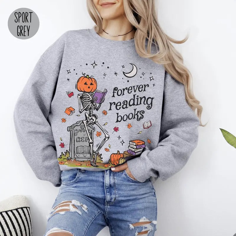 Skeleton Forever Reading Books Sweatshirt, Skeleton Pumpkin Halloween Tee Shirt, Skeleton Fall Pumpkin Sweater, Halloween Gift For Book Lovers