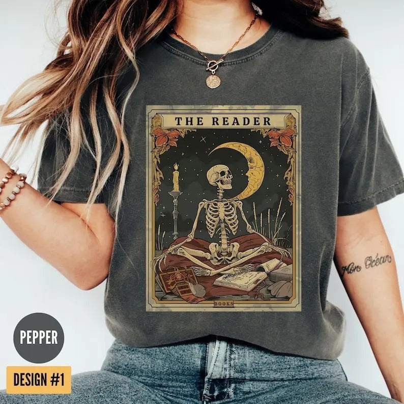 The Reader Tarot Card T-Shirt, Skeleton Reading Shirt, Unisex Tarot Card Shirt, Book Lover Gift, Bookish Gift,Tarot Lover Gift, Crewneck Casual Cotton