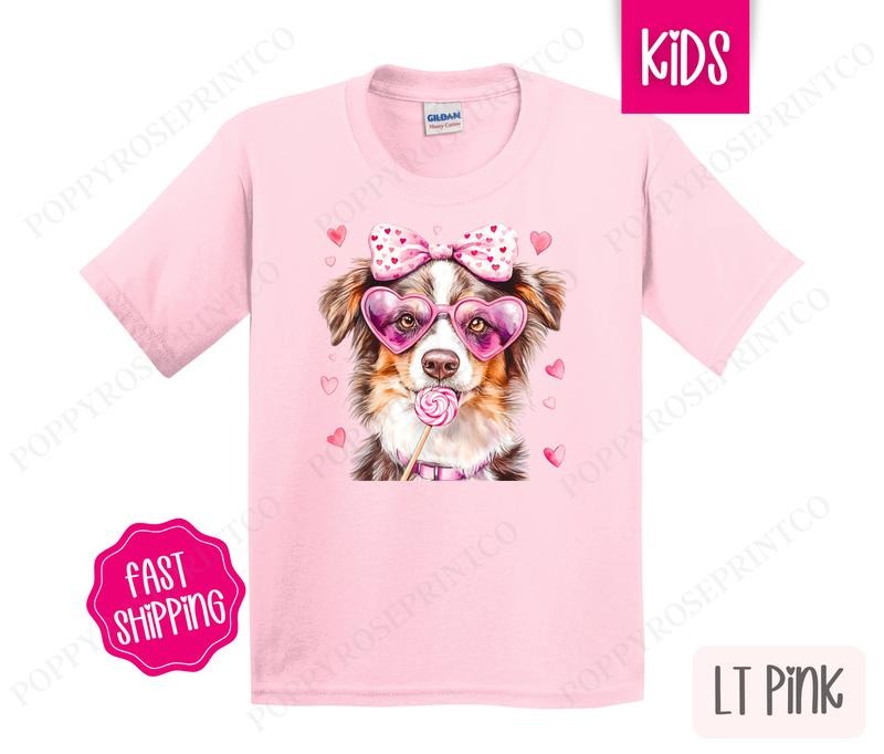 Valentine Australian Shepherd Kids Shirt - Valentine's Day Children's Tshirt - Cute Youth Tee Gildan