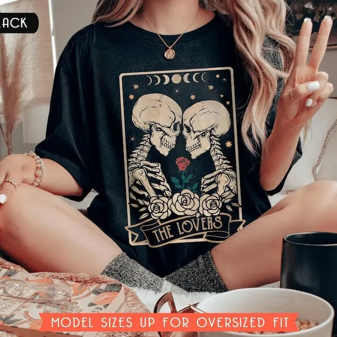 Valentines Day Tshirt, The Lovers Tarot Card Shirt, Skeleton Lovers Shirts, Gothic Valentine, Couple Matching Shirt, Mystical Tee Womenswear Clothing