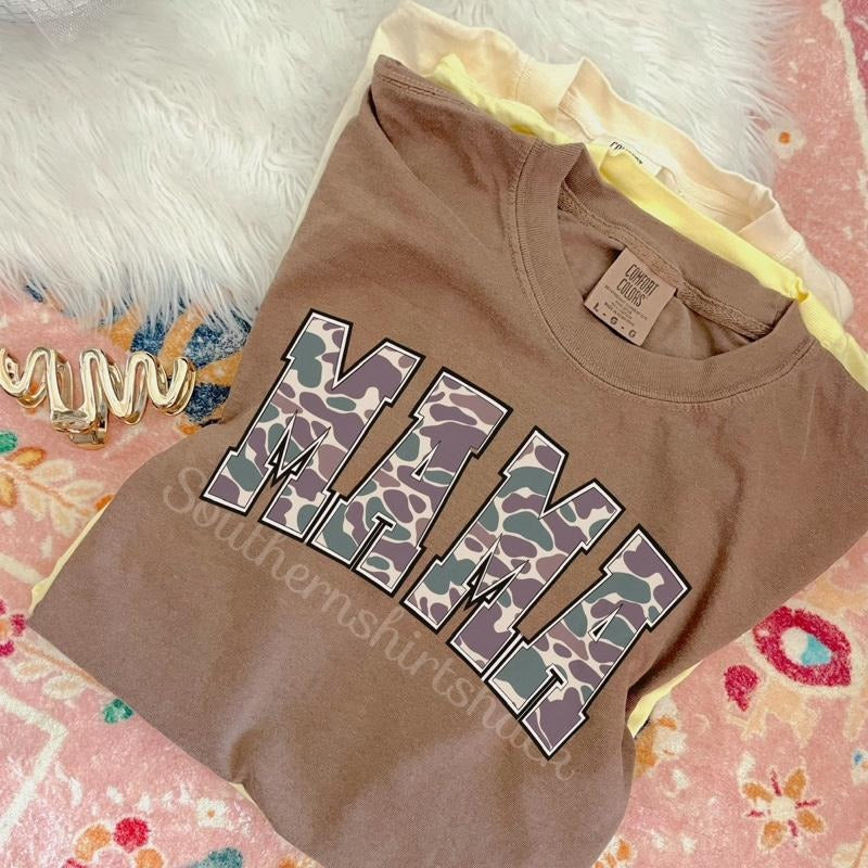 Varsity Camo Mama T shirt  | Espresso comfort colors T shirt top