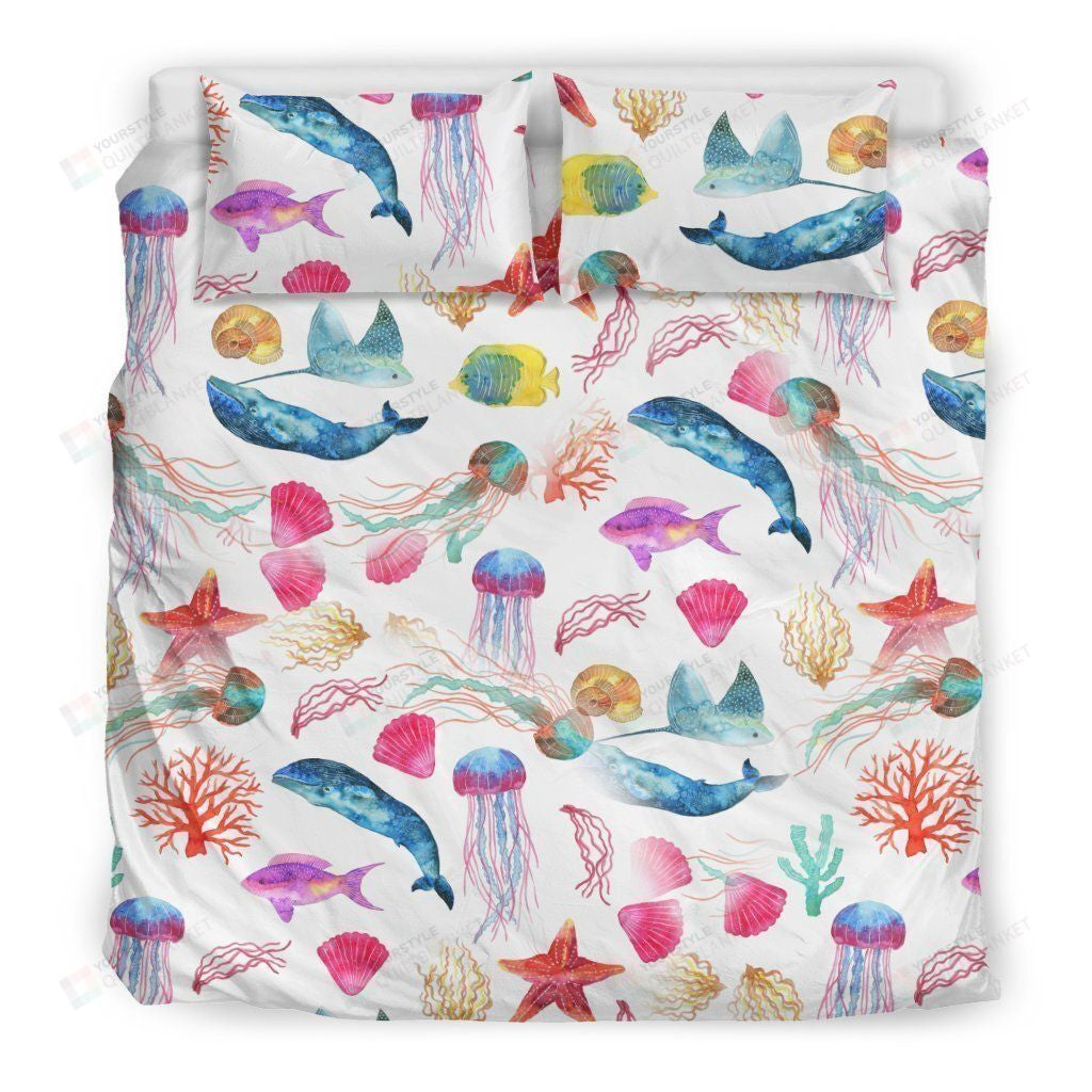 Watercolor Ocean Bed Sheets Spread Duvet Cover Bedding Sets With Whales And Fishs