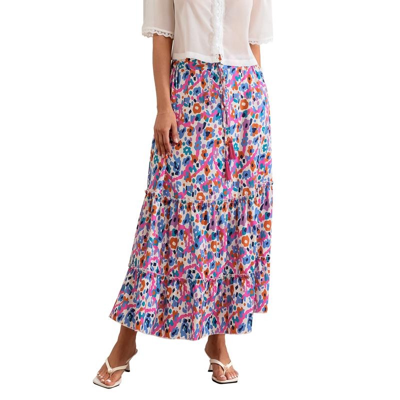 Women Flowy Floral Skirt Casual Summer Ruffled Hem Elastic Waist A-Line Skirt for Beach Vacation Club Streetwear Fashion Womenswear