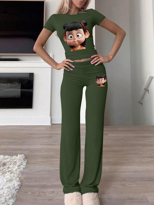 Women's Cartoon Print Crop Tee & Pants Two-piece Set, Casual Round Neck Short Sleeve T-shirt & Trousers for Daily Wear, Ladies Two-piece Outfits for All Seasonsstyle{n002}3