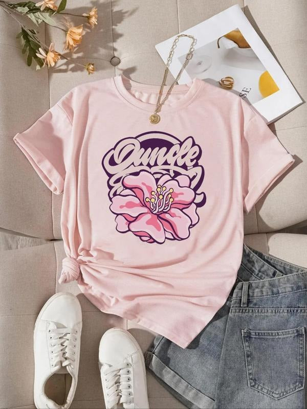 Women's Floral & Letter Print Drop Shoulder Tee, Fashion Casual Crew Neck T-Shirt for Daily Holiday Vacation Outdoor Wear, Ladies Clothes for All Seasons