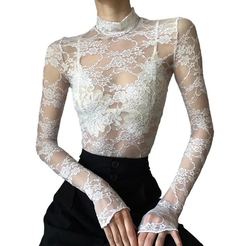 Women's Summer Fashion Crop Tops White Long Sleeve Mock Neck Lace Floral Slim T-shirt Spandex Womenswear