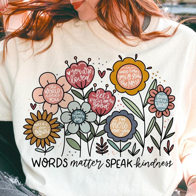 Words matter speak kindness boho floral Unisex Shirt, flowers Unisex, inspirational T-Shirt, kindnes Unis Top Casual Comfort Cotton Summer
