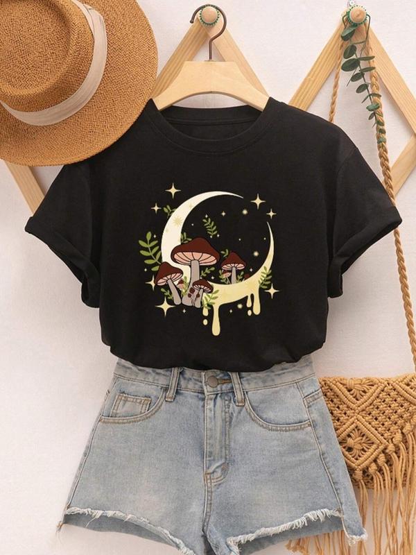 Women's Moon & Mushroom Print Short Sleeve Tee,Â Summer Clothes Women, Casual Graphic Round Neck T-Shirt for Summer, Women's Top for Daily Wear