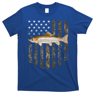 Camo American Flag Rainbow Trout Fishing 4th Of July Cute Gift T-Shirt