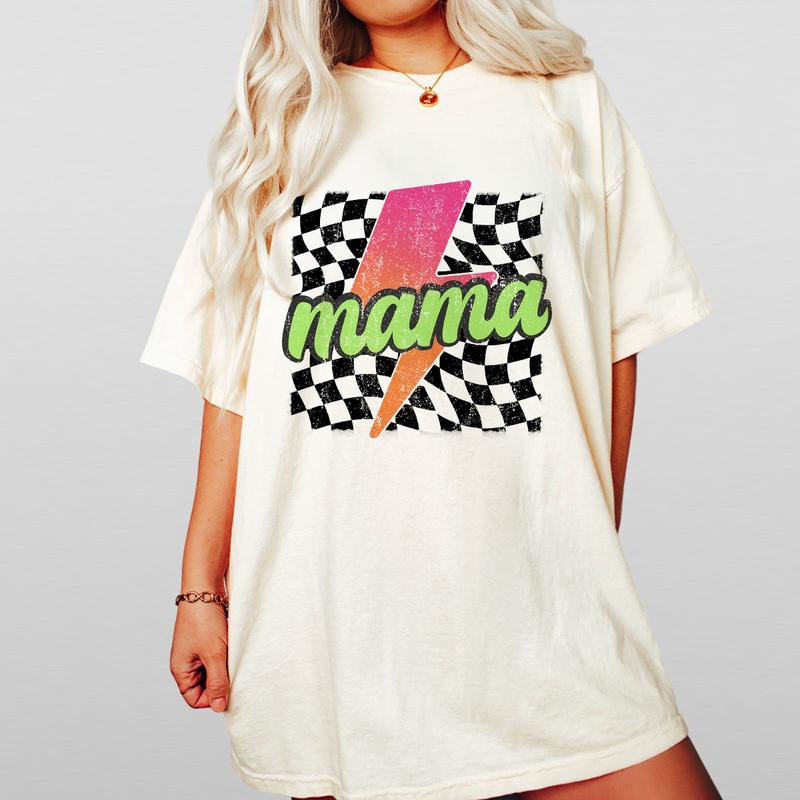 Neon Mama Shirt, Checkered Mama Shirt, Lightning Bolt Shirt, Mothers Day Gift, Retro Checkered Mom Tshirt, Mom Comfort Tee, Gift for Her, Retro Mama Shirt, Mom Women Tops
