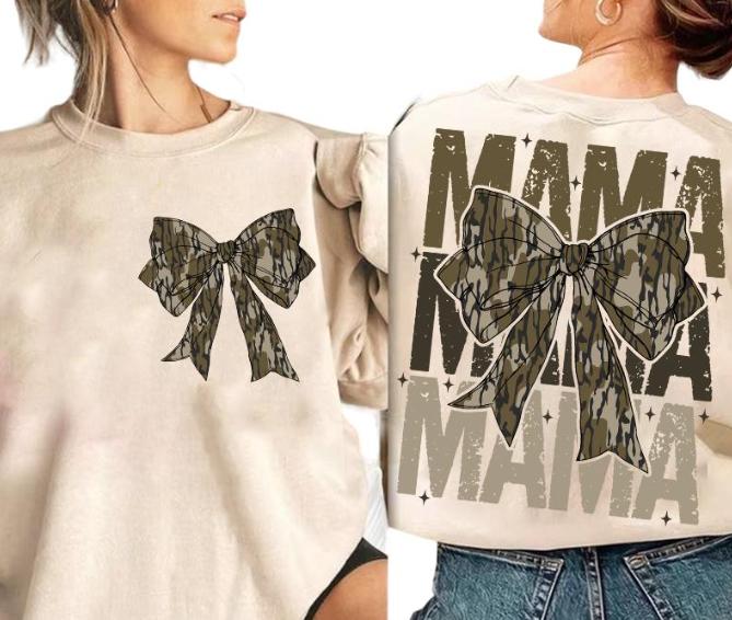 Camo Mama Coquette Bow Hunting 2 Sides Shirt for Mom, Mama T-shirt, Old School Camo Hoodie and Sweatshirt, Full Color and Size for All, Girls Camo Bow