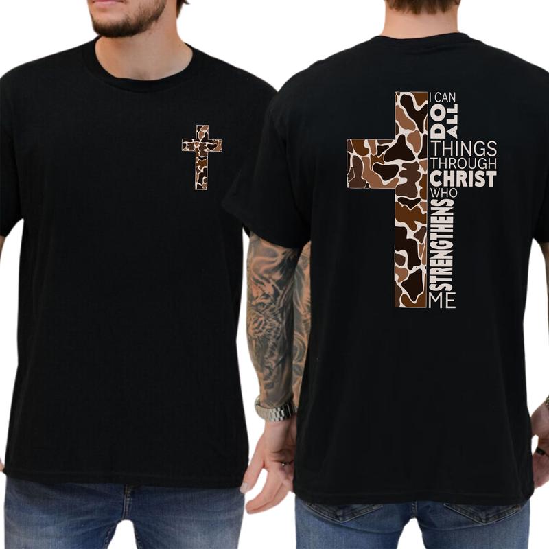 Men's Christian Camo Cross 2-Sided Shirt, I Can Do All Things Through Christ T-shirt, Hunting Tee, Bible Verses Tops, Jesus Apparel, Classic Menswear