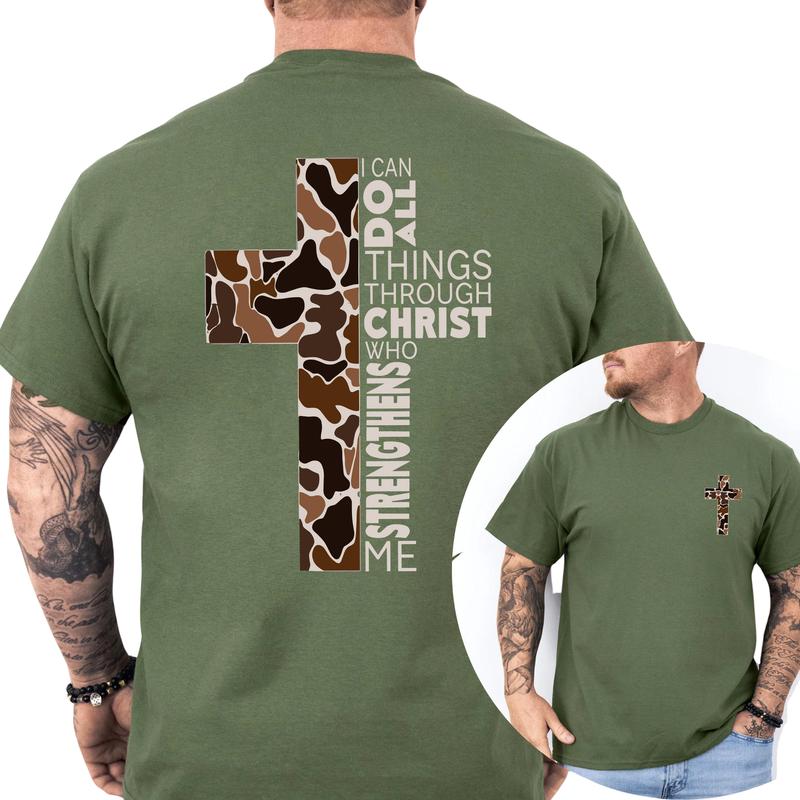Men's Christian Camo Cross 2-Sided Shirt, I Can Do All Things Through Christ T-shirt, Hunting Tee, Bible Verses Tops, Jesus Apparel, Classic Menswear