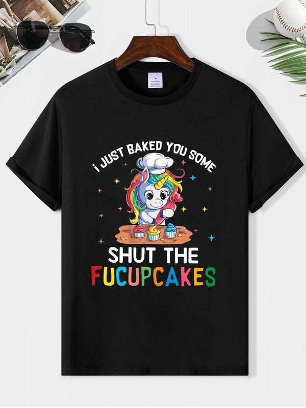 Men's Classic Cartoon & Letter Print Tee, Regular Fit Round Neck Summer Short Sleeve T-shirt, Comfortable Casual MenÃ¢â‚¬â„¢s Vintage Streetwear