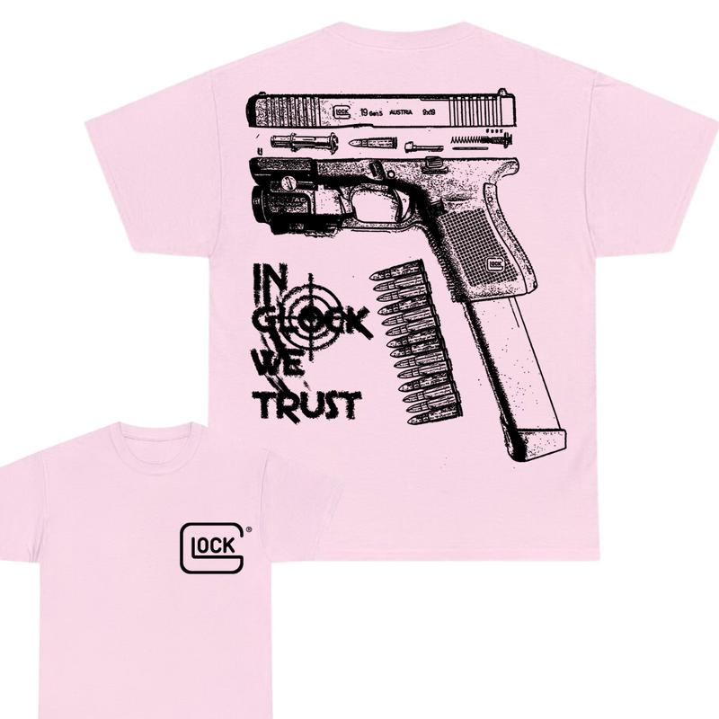 In Glock We Trust Double Sided Print T-Shirt - Glock shirt - Classic Width and Collar for Men and Women - Design color Black and White , Cotton Menswear