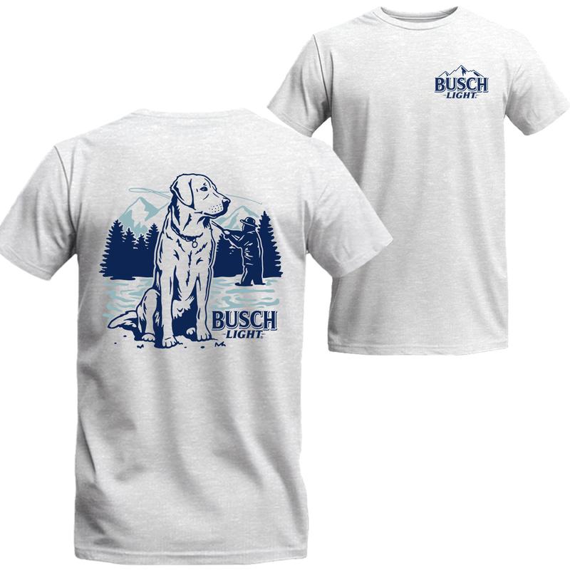 Busch Light - Fly Fishing with Dog scene  T-Shirt, Busch Light Short Sleeve Tee, Unisex Shirt