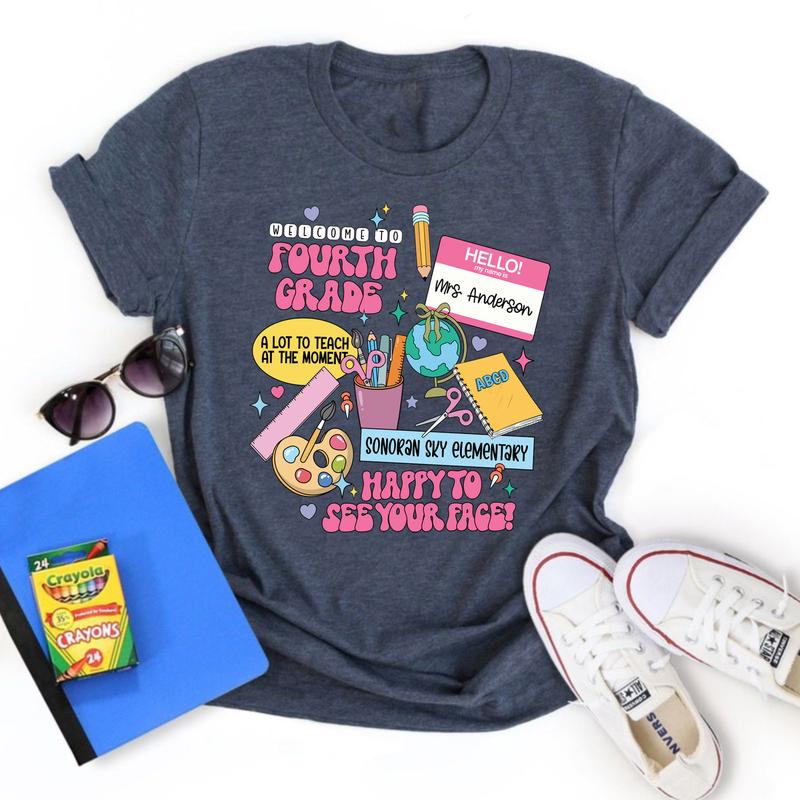 Welcome To 4th Grade Happy To See Your Face Shirt, Happy First Day Of School 4th Grade Teacher Shirt, Custom Name Shirt, Personalized Teacher Shirt (P