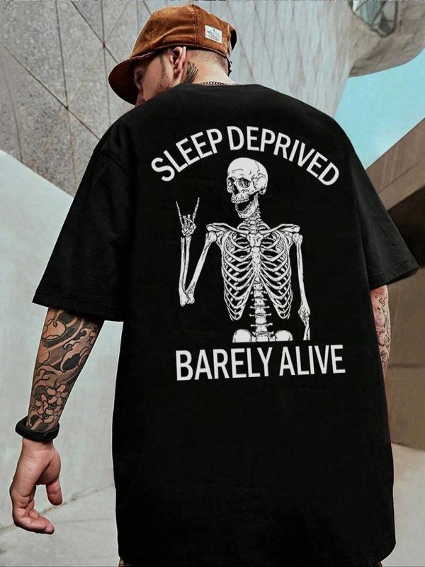 Men's Regular Fit Letter & Skeleton Print Drop Shoulder Tee, Back To School Outfits,Â Street Fashion Casual StreetwearÂ Round Neck Short Sleeve T-Shirt For Daily Wear, Menswear, Graphic Tees,Â Summer Outfits 2024