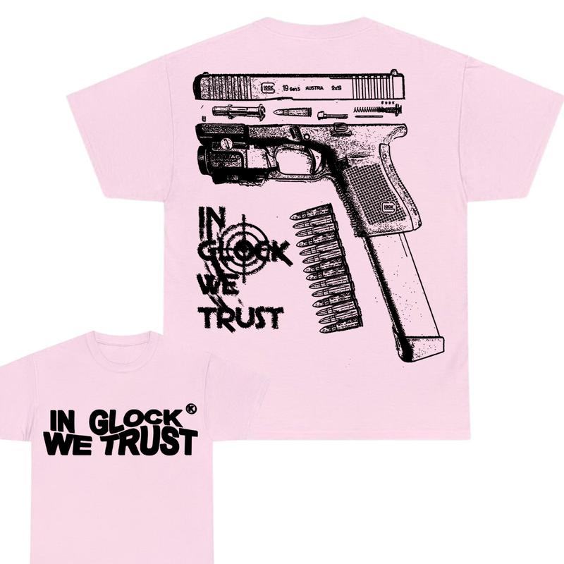 In Glock We Trust Limited Edition Double Sided Print T-Shirt - Classic Width and Collar for Men and Women - Design color Black and White , Cotton Menswear