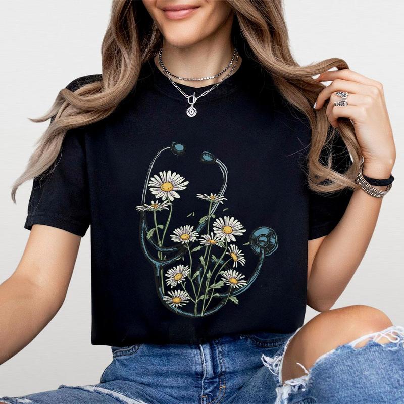 Floral Stethoscope T-Shirt, Nurse Stethoscope Shirts, Shirt For Nurse, Nurse Shirts, Nurse Daisy Flower Stethoscope Shirts, Doctor or Nurse Tshirts, W