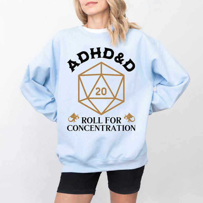 ADHD&D Roll for Concentration Shirt, ADHD Unisex Tee DnD NAT 20 Shirt, Dungeons and Dragons Dnd T-shirt, DnD Vintage Tee, RPG Gift, Dungeons and Dragons Dnd Sweatshirt Hoodie