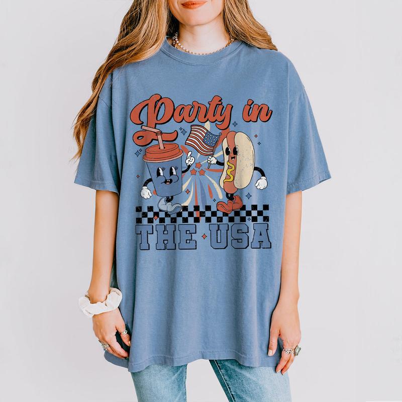 Retro Party In The USA Shirt, 4th Of July Shirts, Gift For Her, Indenpendence Day Gifts, Funny Fourth Of July Shirts, USA Hot Dog Funny Tee, USA Patriotic Tee, Shirt For Women, Trendy Celebration Shirt, Women's Tops Casual Comfort Womenswear Breathable