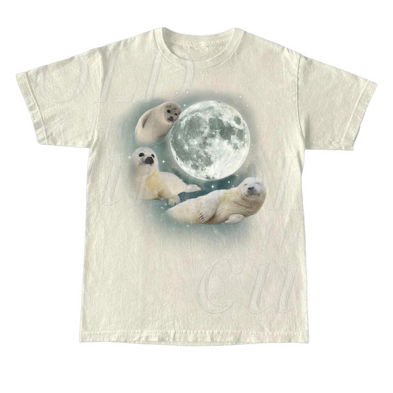 Three Baby Seal Vintage Graphic T-shirts, Retro Sea Dog Moon Tshirt, Relaxed Washed Unisex Adult Tee, Seal Lovers, Cute Sea Dog Tee Menswear Top Under