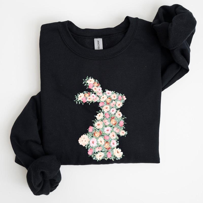 Floral Print Rabbit, Bunny, Easter Sweatshirt, Women's Crew Neck, Crewneck