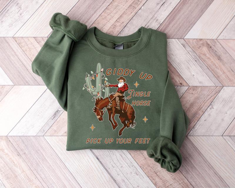 Cowboy Christmas Sweatshirt, Western Christmas Shirt, Giddy Up Jingle Horse Pick Up Your Feet, Howdy Country Christmas Horse, Cowgirl Shirt, Christmas Sweatshirt, Horse Christmas Crewneck Sweatshirt Menswear Hoodie