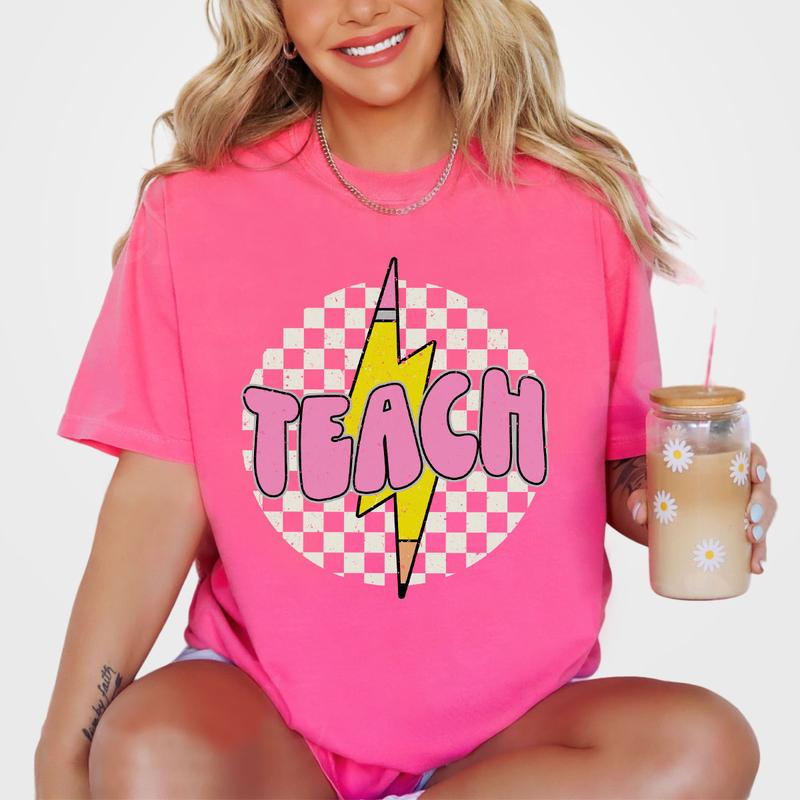 Checkered Teach Shirts, Pencil Lightning Shirt, Lightning Bolt Shirt, Teacher Appreciation Gifts, Shirt For Teacher, Retro Teacher T-shirt, Teacher Gifts, Women Shirt, Retro Shirt For Her, Women Tops, Checkerboard Teach T-shirt