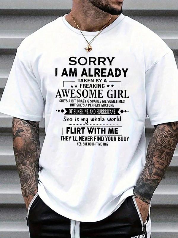 Men's Regular Fit Letter Print Round Neck Short SleeveÂ Tee, Casual Crew Neck Graphic T-shirt For Daily Wear, Fashion Comfy Men's Top For All Seasons