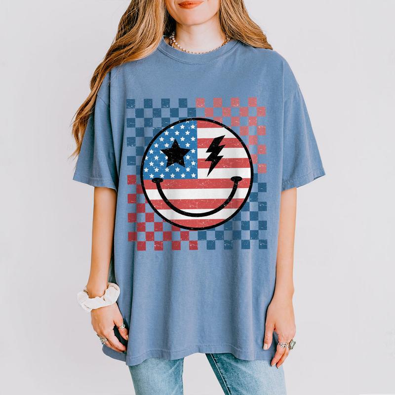 Retro Smiling 4th Of July Shirt, Patriotic Shirt, 4th Of July Checkered Shirt, America Shirt, Independence Day T Shirt, USA Flag Shirt, Funny 4th of J