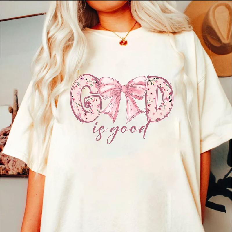 God Is Good Coquette Pink Bow Sweatshirt, Christian Shirts, Bible Verse, Jesus, Christian Apparel, Cotton Round Neck Tee, Full Sizes, Full Colors, Wom