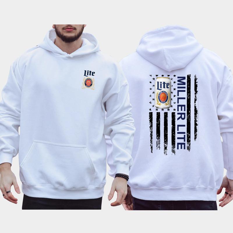 Men's Beer Miller Lite Flag 2-Sided Hoodie, American Flag Beer Drinking Hoodies, Unisex Drink Tops, Drink Sweaters for Him, Comfort Cotton Casual Menswear, Long Sleeve Pullover