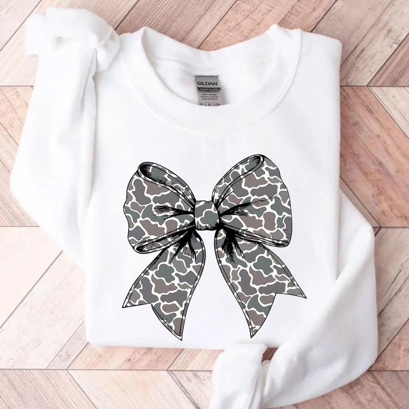 Retro Camo Coquette Bow Sweater, Dove Season Sweatshirt Unisex Classic Cotton Fabric