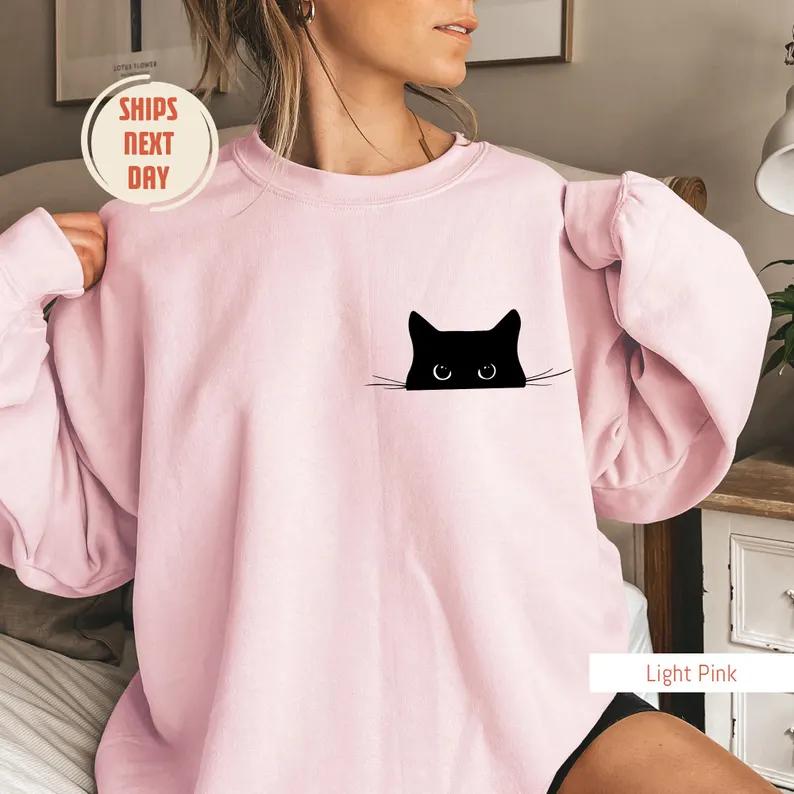 Cat Sweatshirt, Cute Cat Sweatshirt, Black Cat Shirt, Cat Peeking Sweatshirt, Womens Funny Sweater, Gift for Cats Lover, Cat Mom Sweatshirt