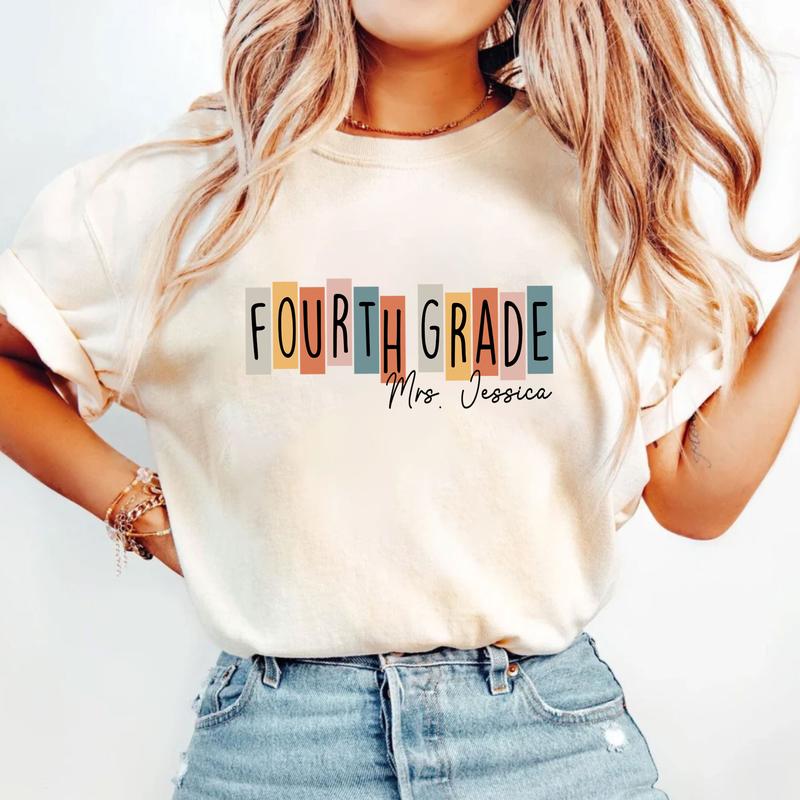 Happy First Day Of School 4th Grade Teacher Shirt, Custom Name Shirt, Personalized Teacher Shirt (Please Inbox In Message), Fourth Grade Teacher Shirt