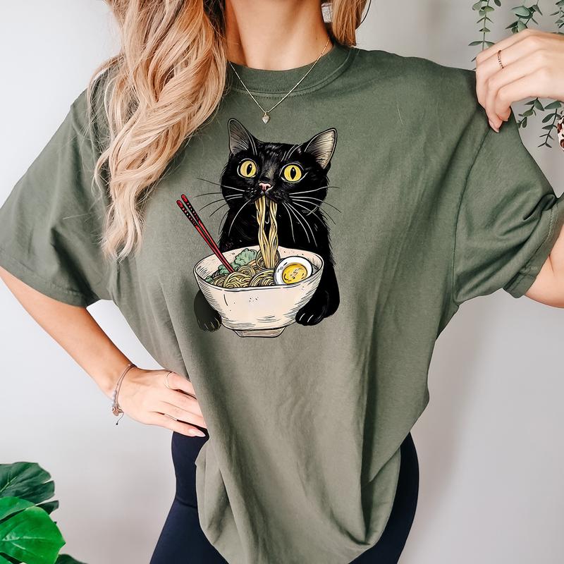 Noodle Cat Shirt, Ramen Cat T-Shirt, Foodie Lover Shirts, Black Cat Noodle T-Shirts, Retro Cat Tees, Cat Lover Sweatshirts, Black Cat Tee