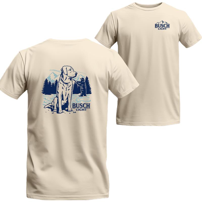 Busch Light - Fly Fishing with Dog scene  T-Shirt, Busch Light Short Sleeve Tee, Unisex Shirt