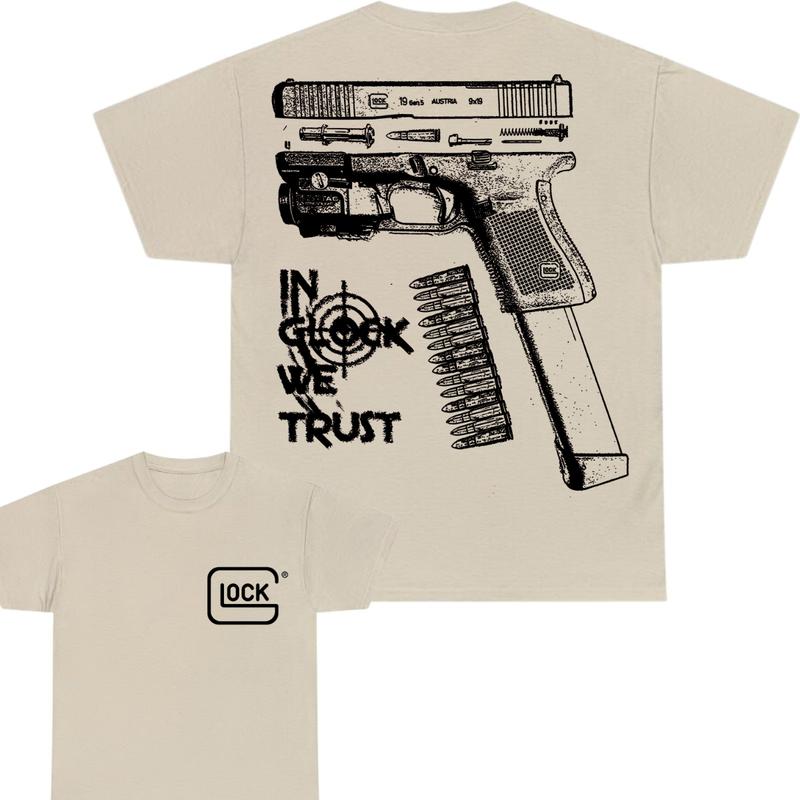 In Glock We Trust Double Sided Print T-Shirt - Glock shirt - Classic Width and Collar for Men and Women - Design color Black and White , Cotton Menswear