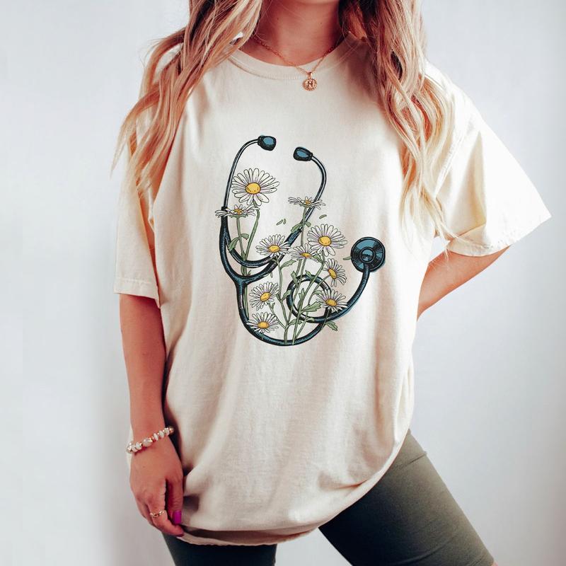 Floral Stethoscope T-Shirt, Nurse Stethoscope Shirts, Shirt For Nurse, Comfort Color Nurse Shirts, Nurse Daisy Flower Stethoscope Shirts, Doctor or Nu
