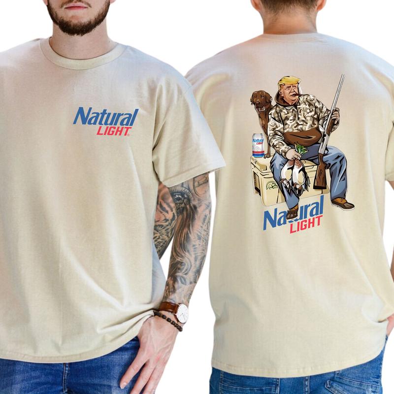 Camo Hunter Trummp With Natural Light Beer Shirt 2-Sided, Funny Men's Hunting T-shirt, Beer Drinking Tee, Unisex Hunt Tops, Classic Casual Menswear