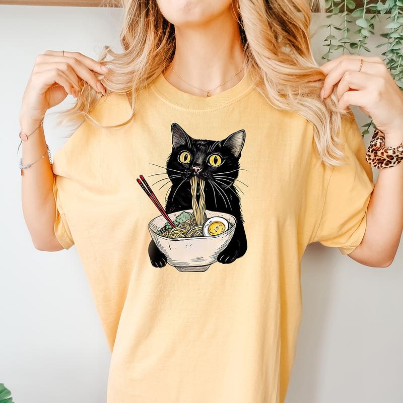 Noodle Cat Shirt, Ramen Cat T-Shirt, Foodie Lover Shirts, Black Cat Noodle T-Shirts, Retro Cat Tees, Cat Lover Sweatshirts, Black Cat Tee