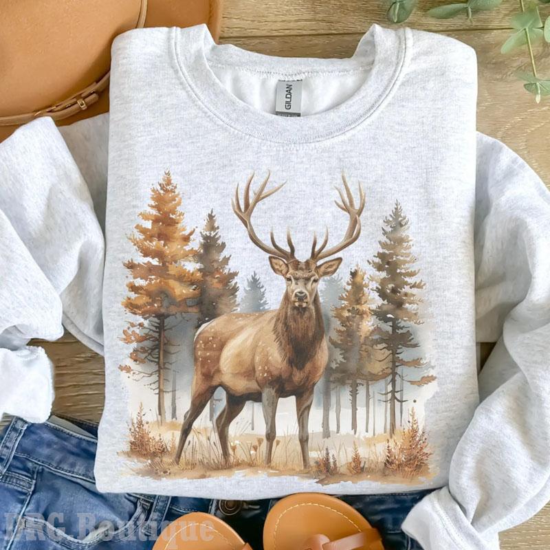 Retro Deer Wilderness Scene Sweatshirt, 90s Nostalgia Animal Outfit Gift For Women's Shirt, Outdoor Wear Crewneck Cotton Fit