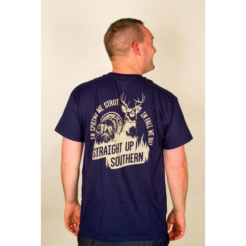 Strut and Rut - Turkey and Whitetail Buck Hunting T-Shirt - Navy Classic Collar