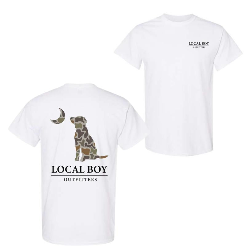 Local Boy Outfitters T-Shirt - Classic Camouflage Dog Design Featuring Moon Graphics
