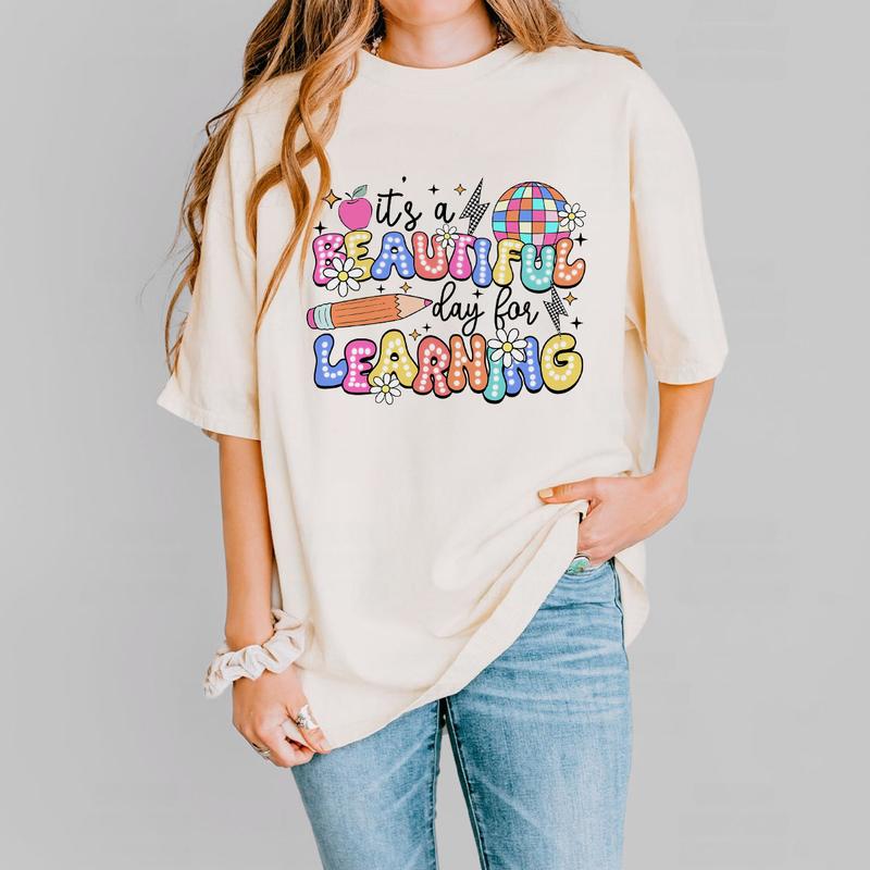 It's A Beautiful Day For Learning Shirt, Teacher Comfort Shirt, Teacher Appreciation Gift, Teacher Life Shirt, Retro Teacher Shirt, First Day Of School, Teach Love Inspire, Teacher Back To School Shirt, Teacher Women Top Breathable Casual Womenswear