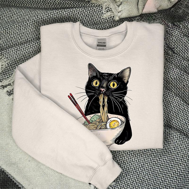 Noodle Cat Shirt, Ramen Cat T-Shirt, Foodie Lover Shirts, Black Cat Noodle T-Shirts, Retro Cat Tees, Cat Lover Sweatshirts, Black Cat Tee